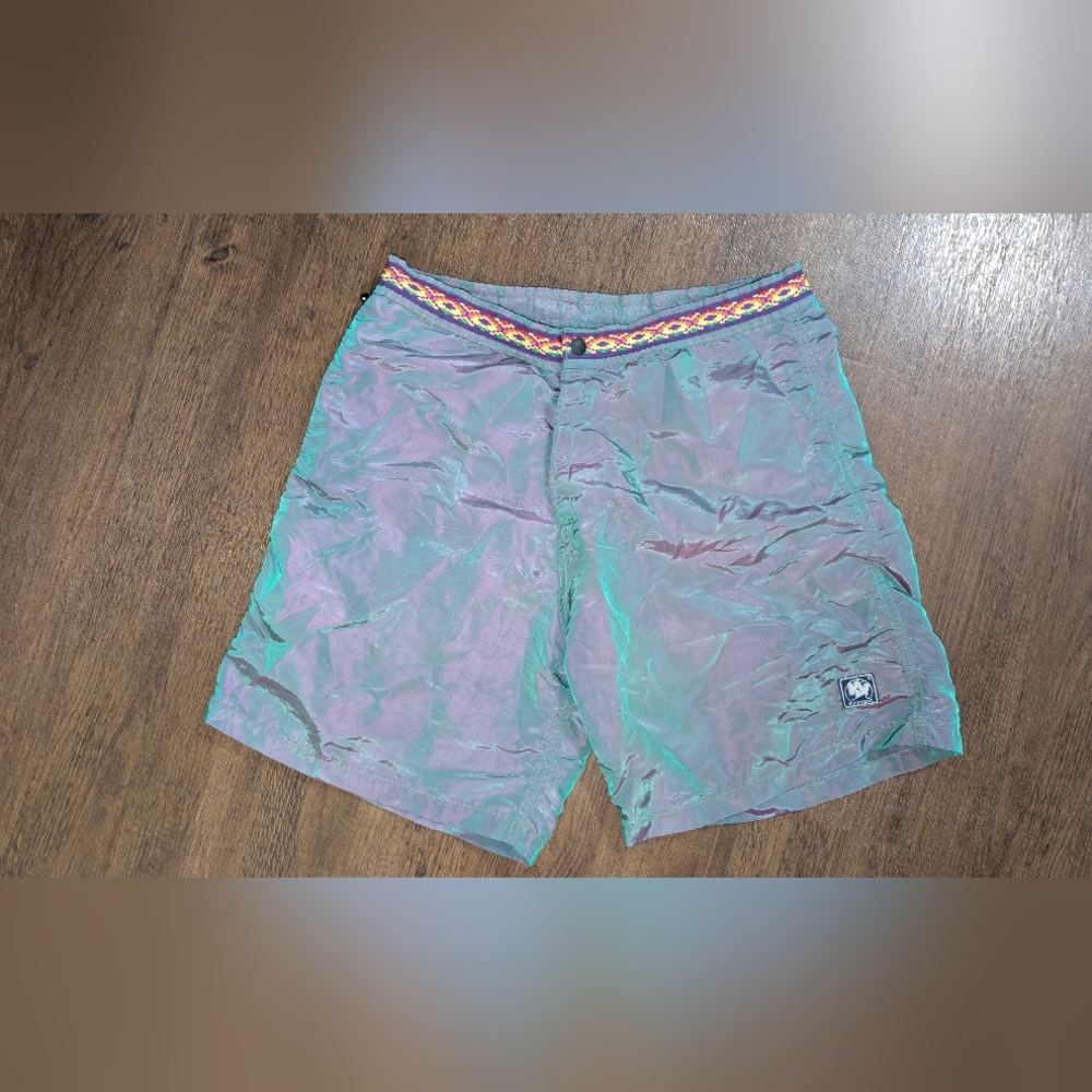 Vtg 90's KV SURFWEAR MENS PURPLE GREEN iridescent Swim TRUNKS SIZE 34 USA Nylon